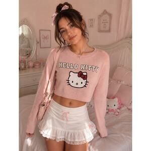 Aeropostale Hello Kitty Cropped Sweater Y2K Coquette Pink Knit Pullover Size M